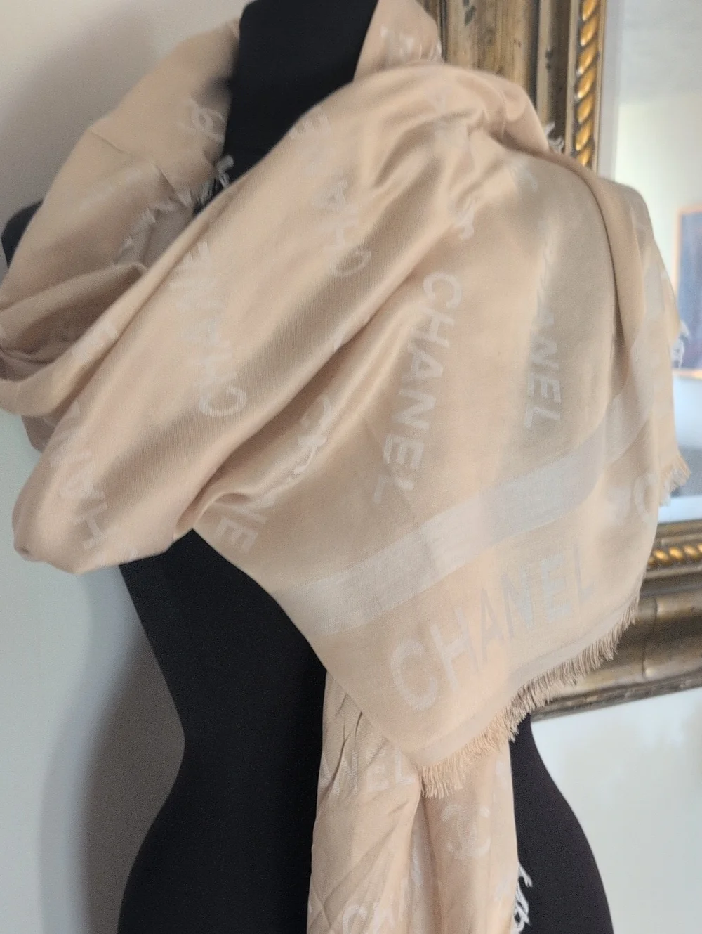 CHANEL Beige Logo Jacquard Scarf Wrap 75x31